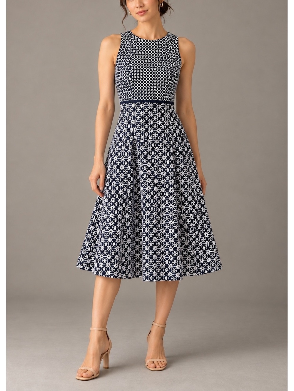 Ann Taylor Fit & Flare Midi Dress Sz 0 Navy Blue White Eyelet Cotton Sleeveless
